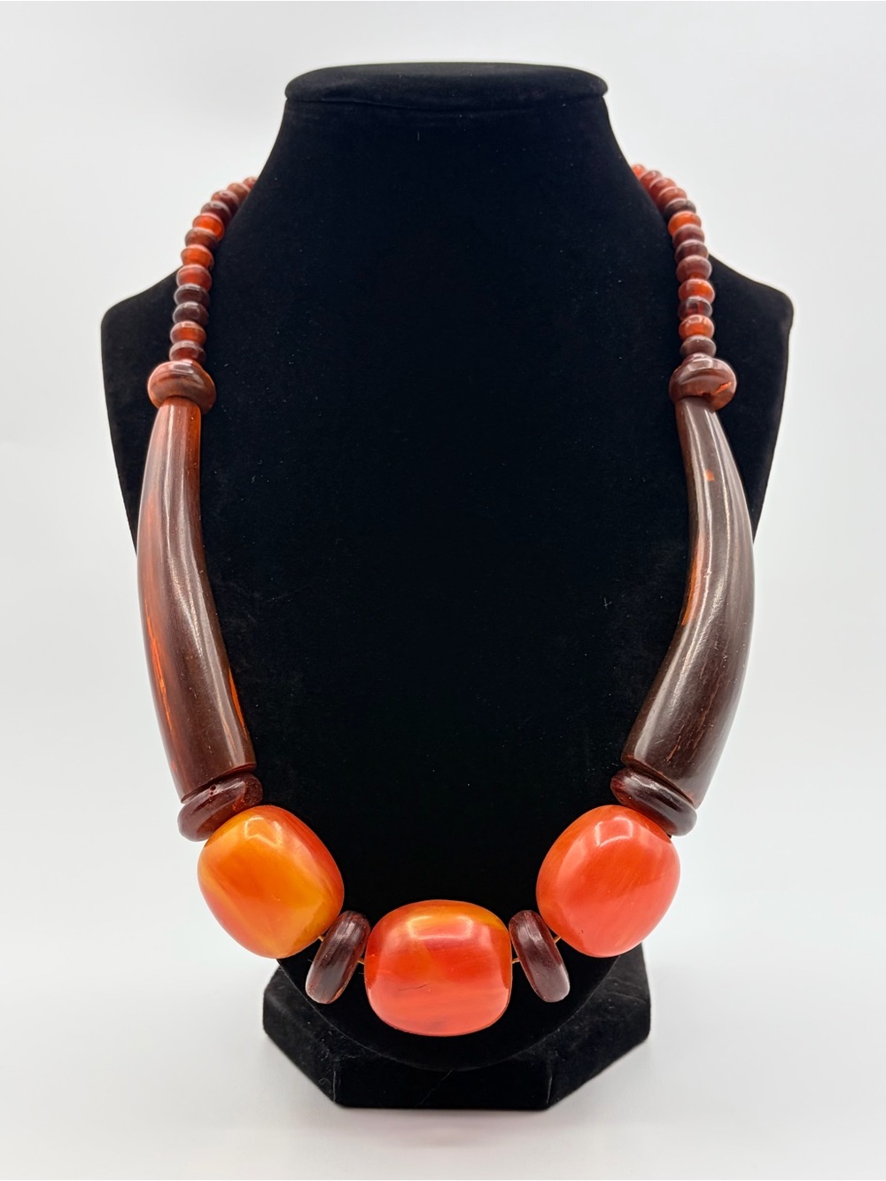 Vintage Orange & Brown Sculptural Bead Statement Necklace